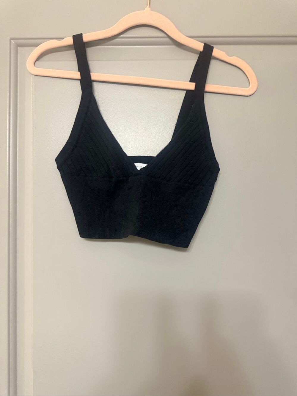 Zara Womens Black Ribbed Knit V-Neck Spaghetti Strap Crop Tank Top Size Small S